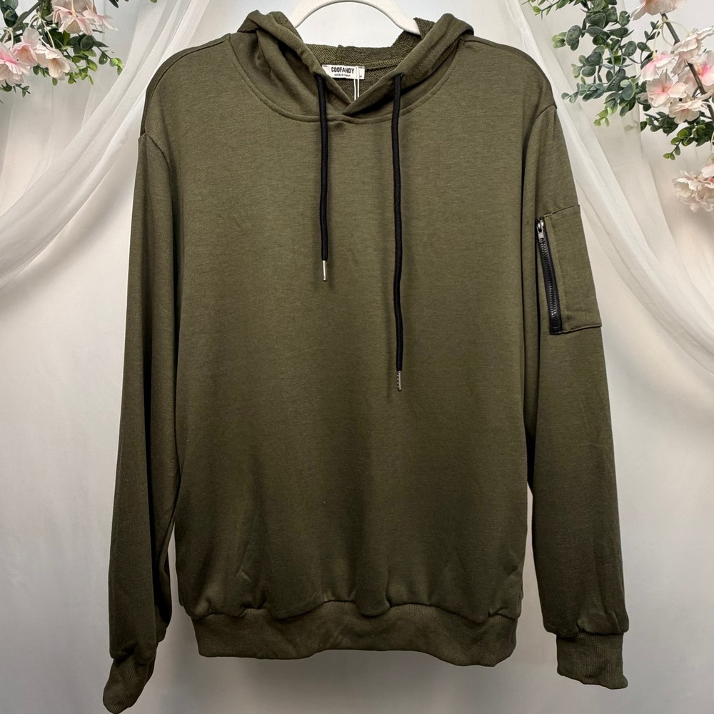 Coofandy Mens Olive Green Utility Hoodie Zipper Arm Pocket Sweatshirt Size M